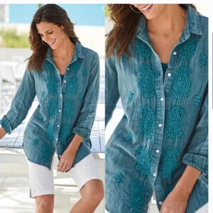 Soft Surroundings Mia Embroidered Vintage Wash Turquoise Long Sleeve Blo…